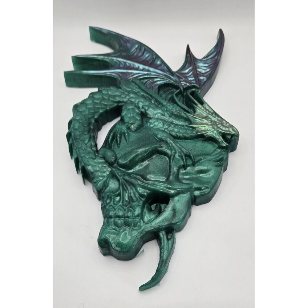 Mythical Green Iridescent Dragon Skull Plaque Heavy Resin Dragon Art Epoxy Goth